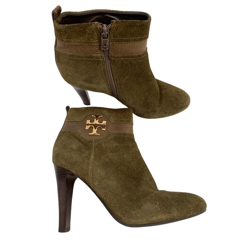 Tory Burch Alaina Olive Green Suede Ankle Boots Size 8.5M X10678 EUC Zip